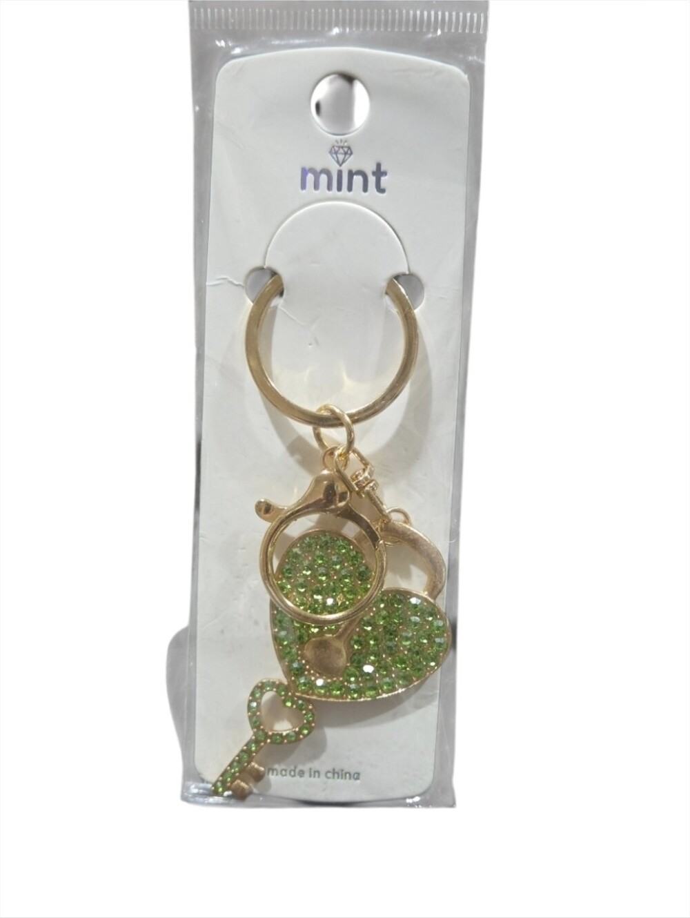 Mint Gold Heart & Key Glitter Keychain - Green